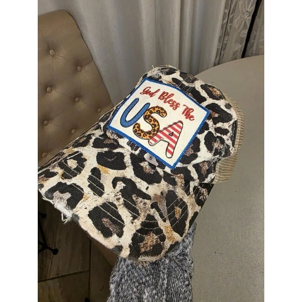 Leopard Print God Bless The USA Distressed Trucker Hat With Mesh‎ Back
